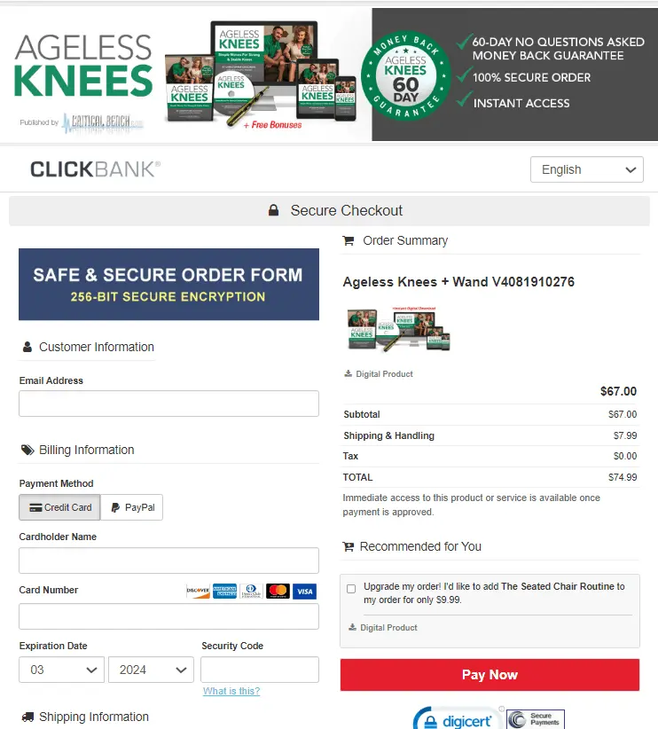 Ageless Knees checkout page